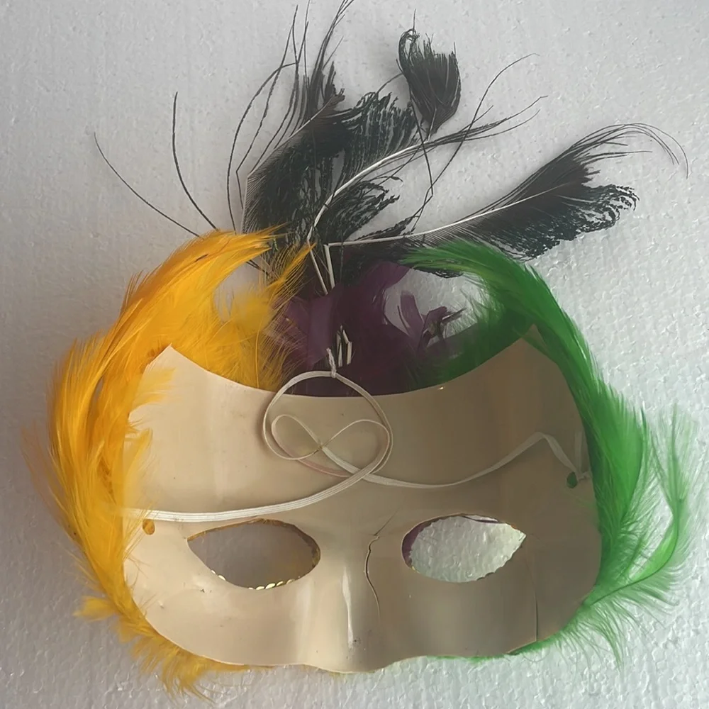 Peacock feather mask sequins purple yellow green Halloween Mardi Gras theater